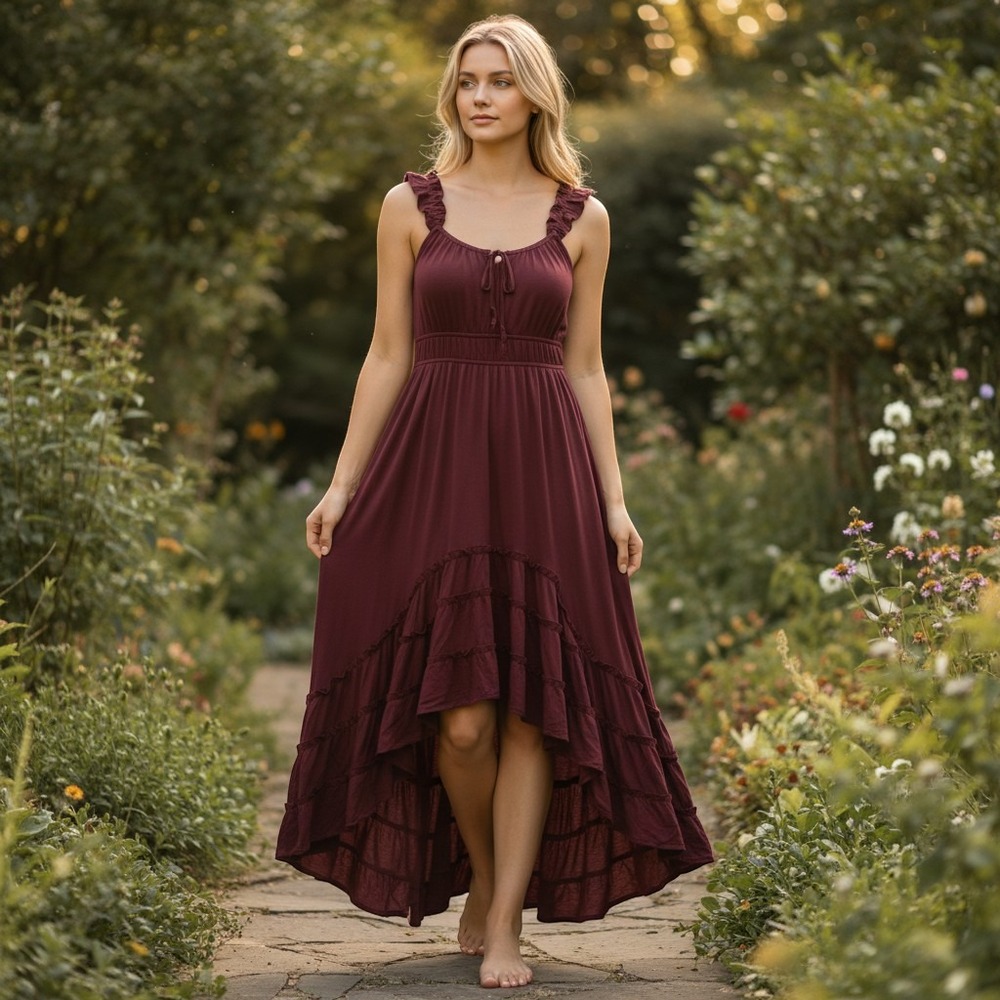 NEW Joyfolie Alouette Dress Women's S Burgundy High-Low Tiered Ruffle Straps